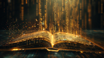 Open book emitting glowing digital code streams